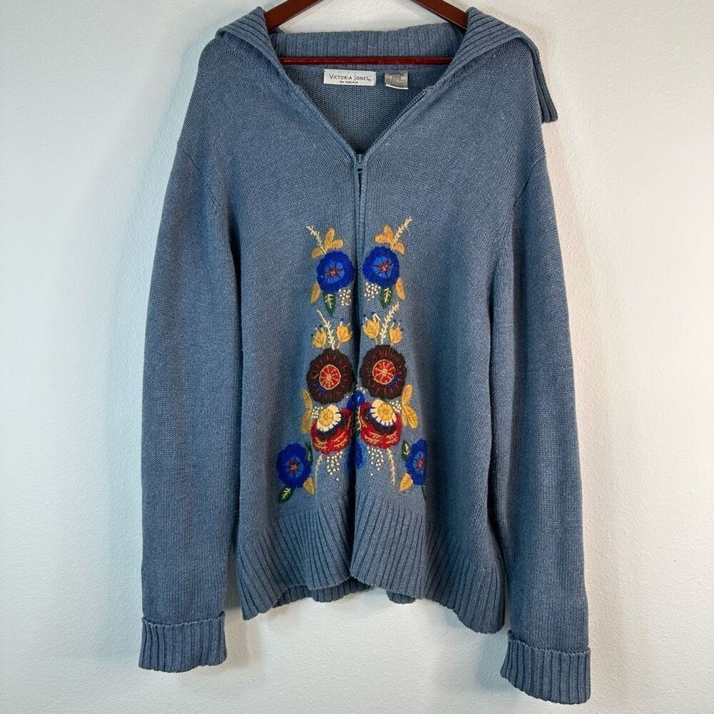 Vintage Victoria Jones Floral Embroidered Knit Sweater Jacket Womens 3X Boho Art